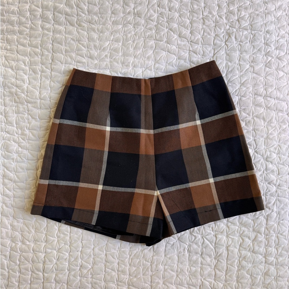 NWOT STAUD Leah High Waist Plaid Shorts in Brown & Tan - Picture 1 of 6